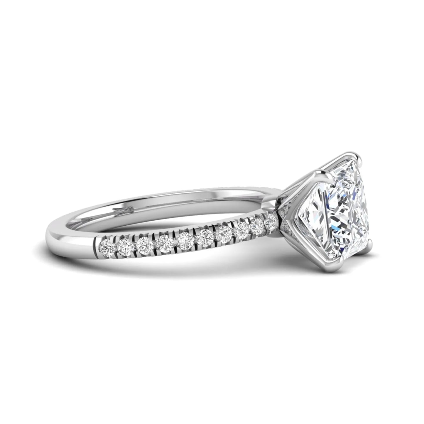 Princess cut lab grown diamond pavé engagement ring featuring a 3.01 carat IGI certified center diamond in white gold.