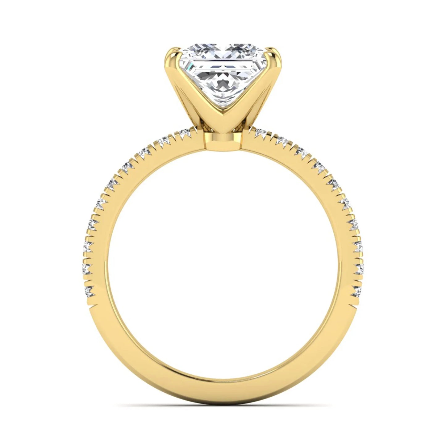 Princess cut lab grown diamond pavé engagement ring featuring a 3.01 carat IGI certified center diamond in yellow gold.