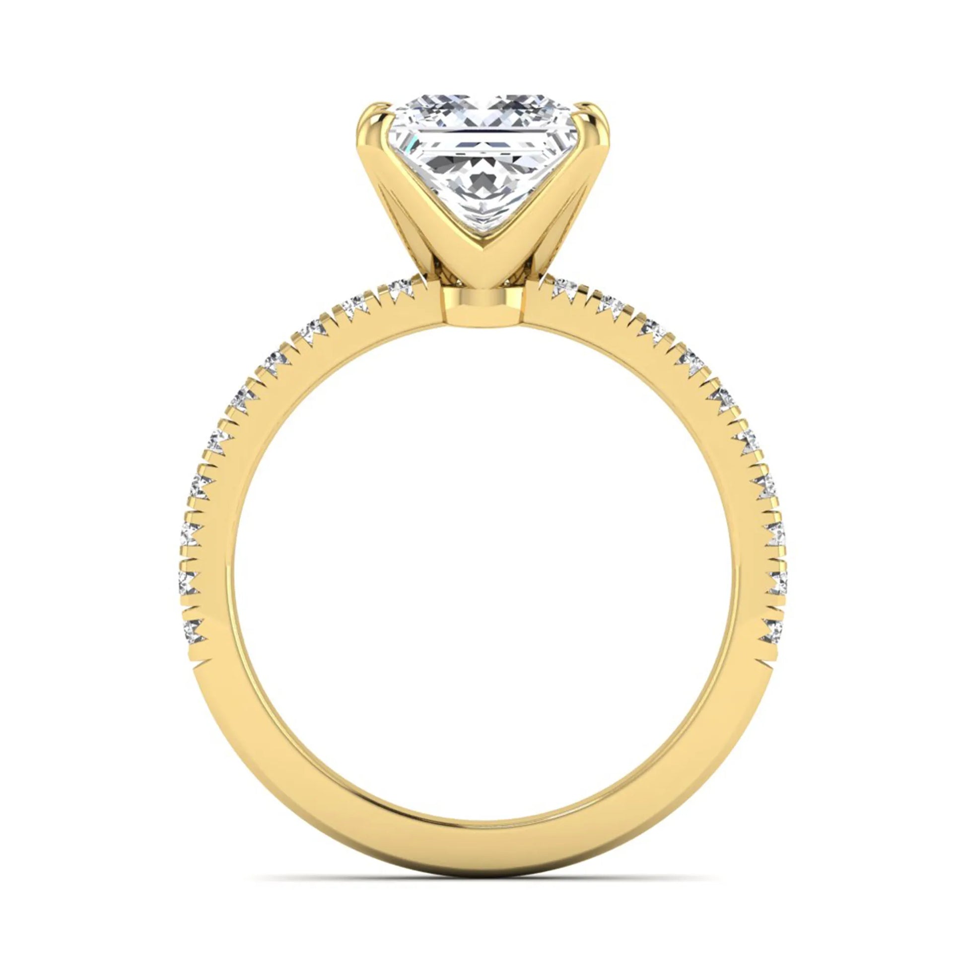 Princess cut lab grown diamond pavé engagement ring featuring a 3.01 carat IGI certified center diamond in yellow gold.