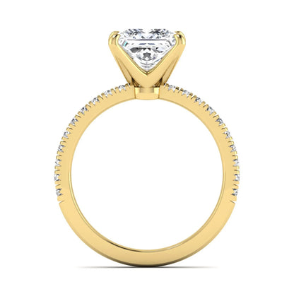 Princess cut lab grown diamond pavé engagement ring featuring a 3.01 carat IGI certified center diamond in yellow gold.