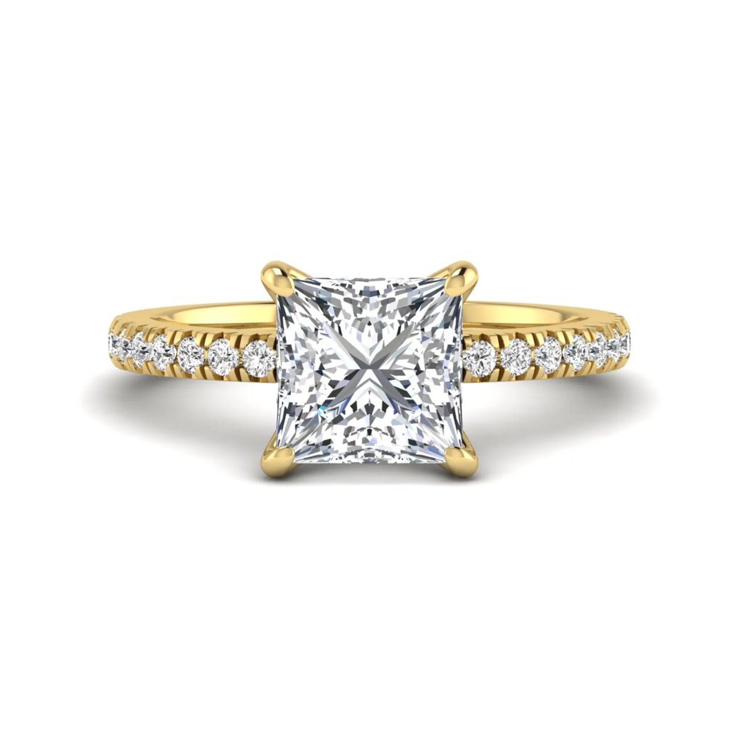 Princess cut lab grown diamond pavé engagement ring featuring a 3.01 carat IGI certified center diamond in yellow gold.