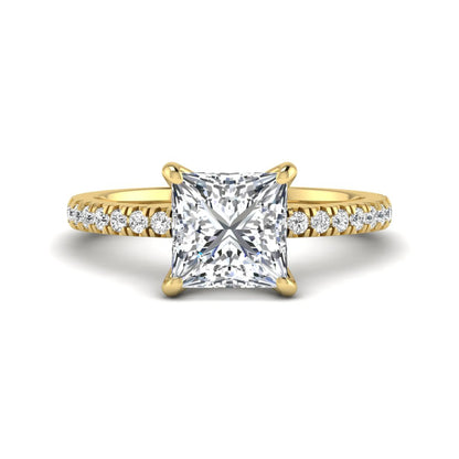 Princess cut lab grown diamond pavé engagement ring featuring a 3.01 carat IGI certified center diamond in yellow gold.