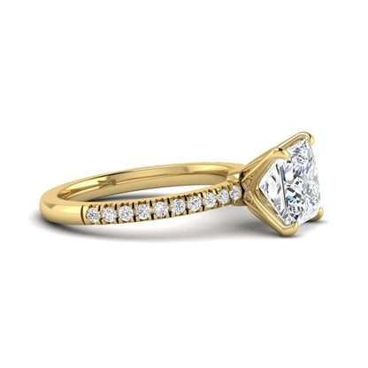 Princess cut lab grown diamond pavé engagement ring featuring a 3.01 carat IGI certified center diamond in yellow gold.