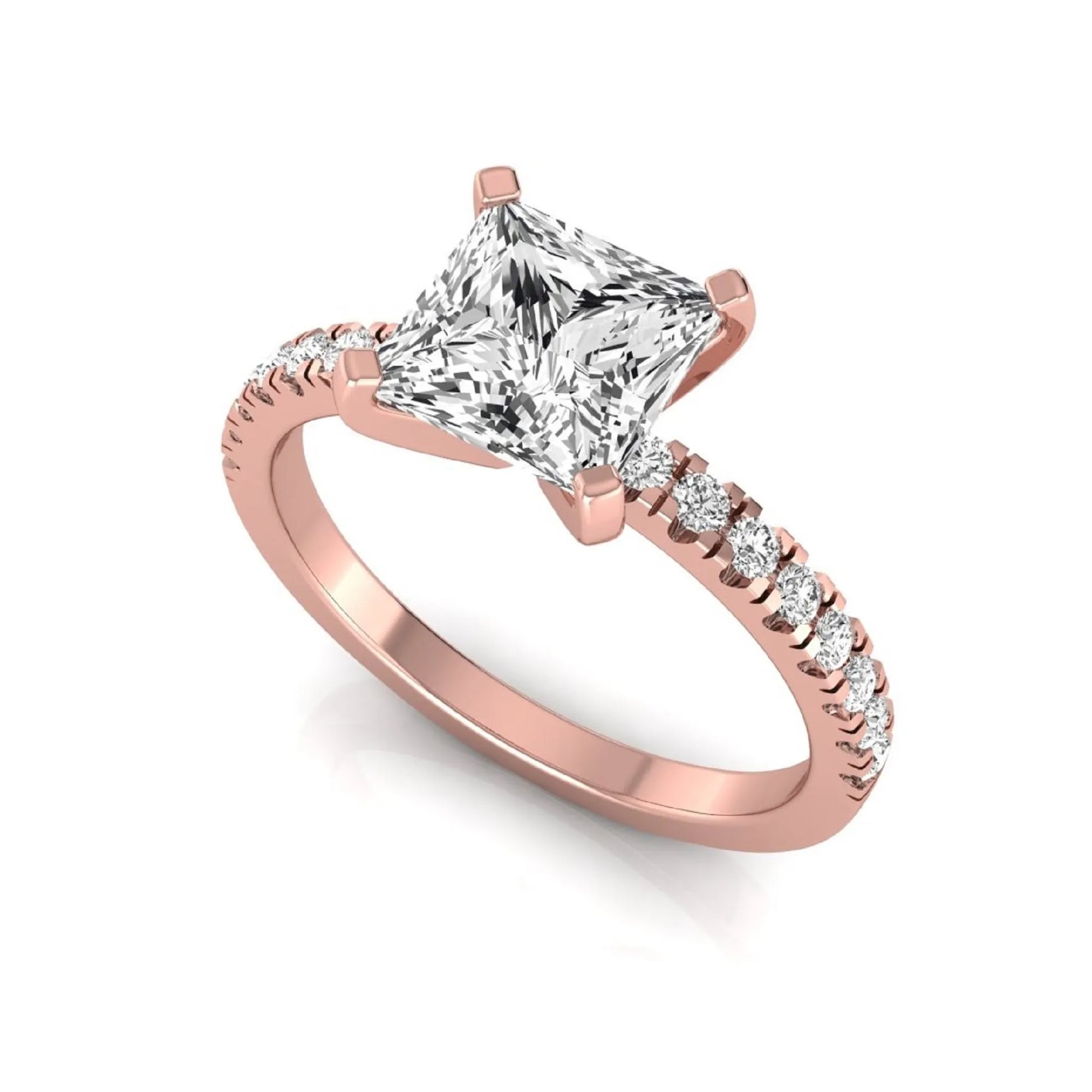 Princess cut lab grown diamond side stone accent engagement ring featuring a 2.40 carat IGI certified center diamond with round brilliant accent diamonds in rose gold.