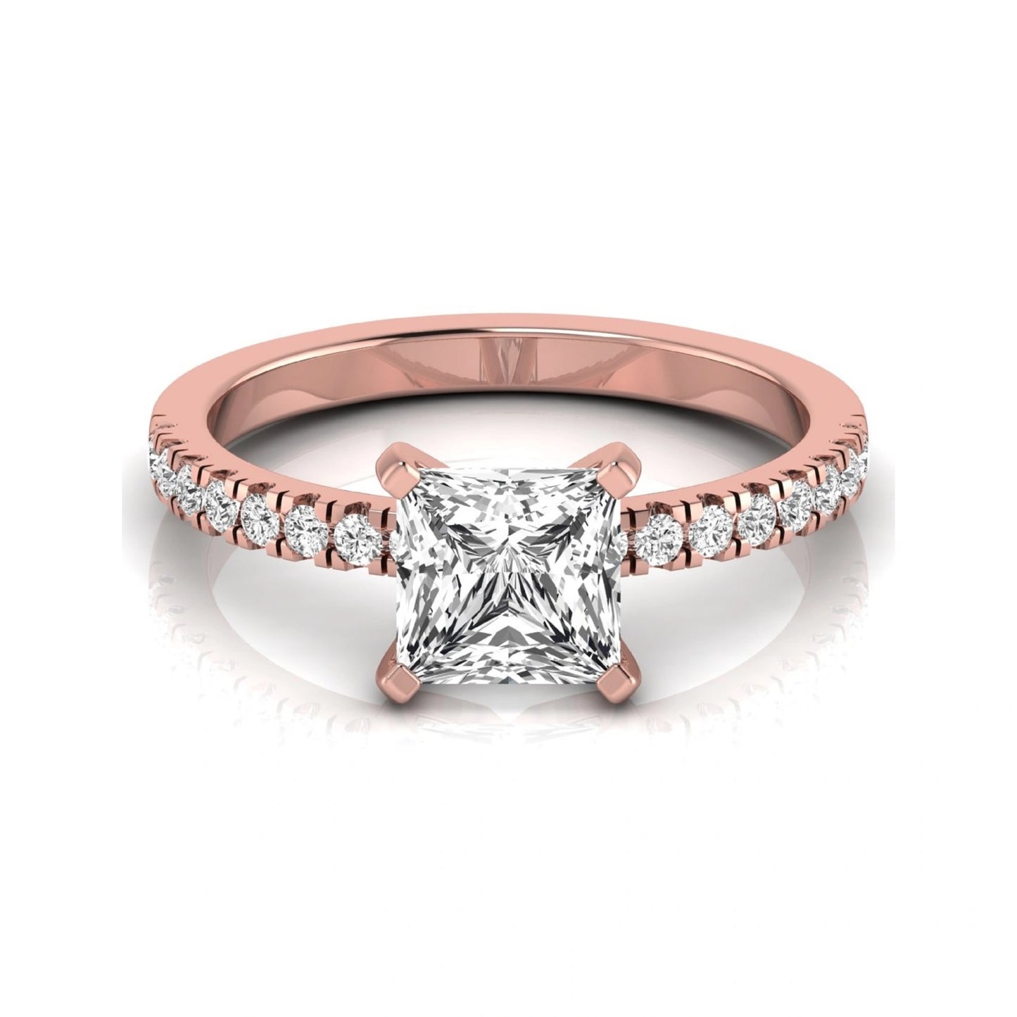 Princess cut lab grown diamond side stone accent engagement ring featuring a 2.40 carat IGI certified center diamond with round brilliant accent diamonds in rose gold.