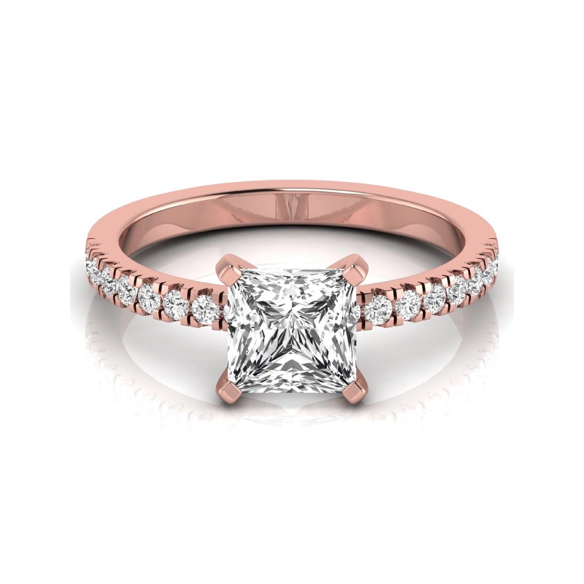 Princess cut lab grown diamond side stone accent engagement ring featuring a 2.40 carat IGI certified center diamond with round brilliant accent diamonds in rose gold.