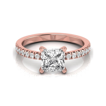 Princess cut lab grown diamond side stone accent engagement ring featuring a 2.40 carat IGI certified center diamond with round brilliant accent diamonds in rose gold.