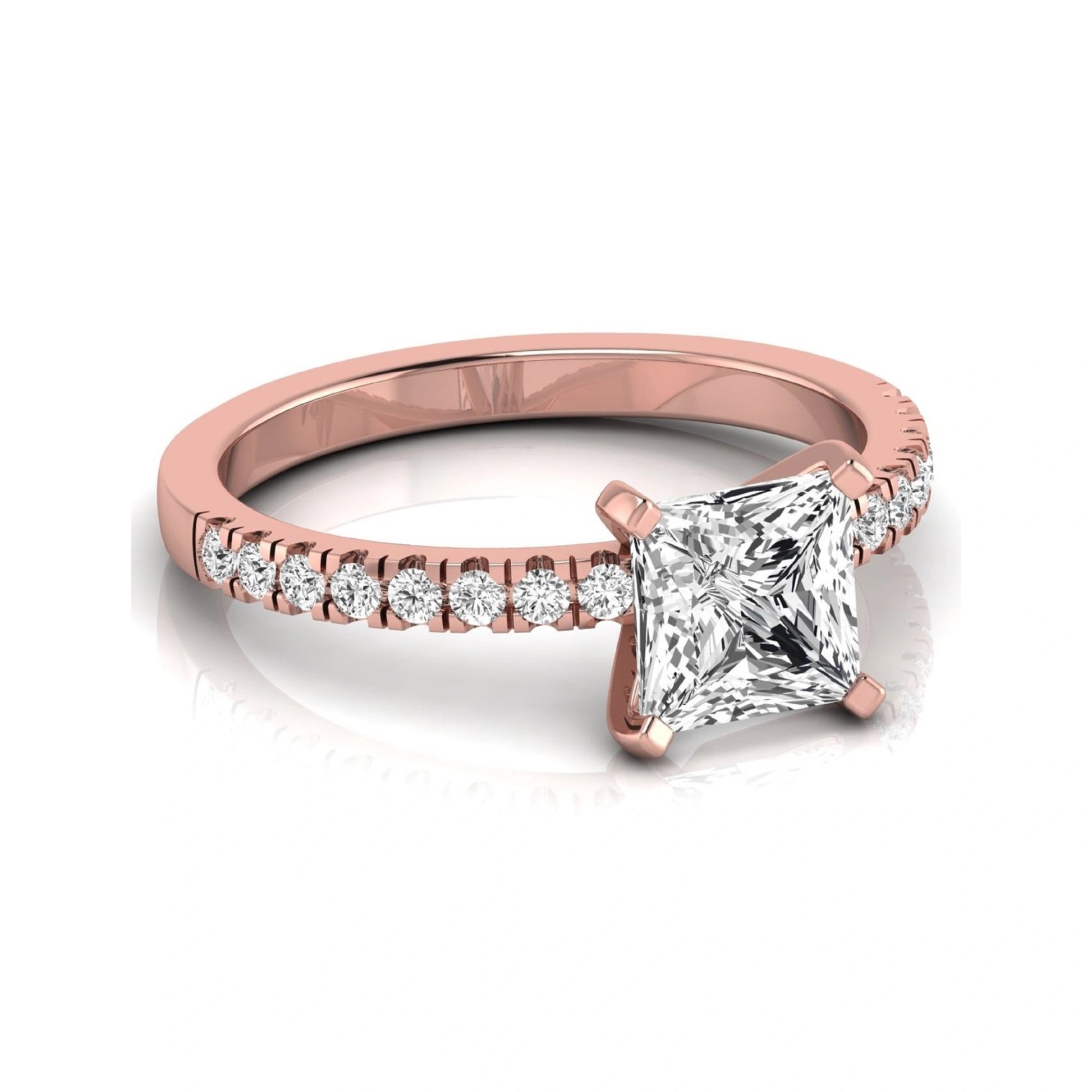 Princess cut lab grown diamond side stone accent engagement ring featuring a 2.40 carat IGI certified center diamond with round brilliant accent diamonds in rose gold.
