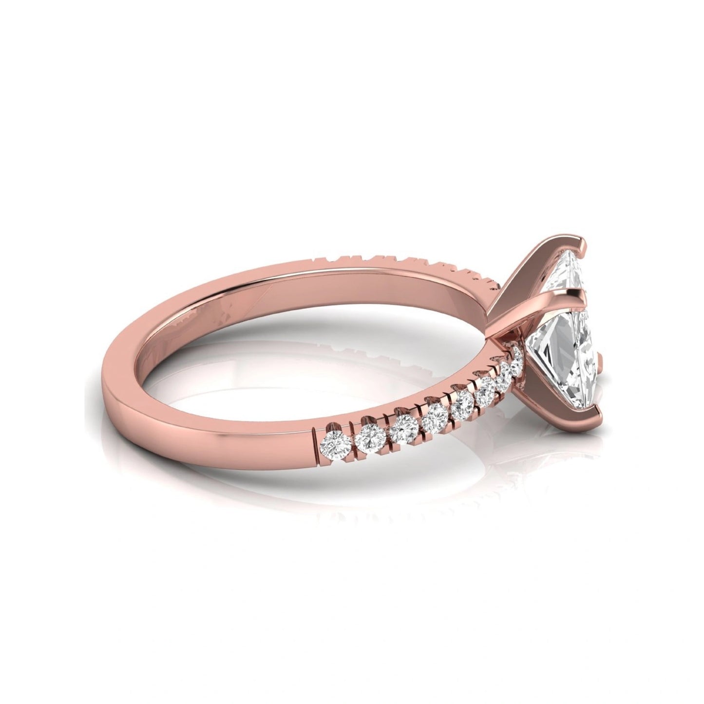 Princess cut lab grown diamond side stone accent engagement ring featuring a 2.40 carat IGI certified center diamond with round brilliant accent diamonds in rose gold.