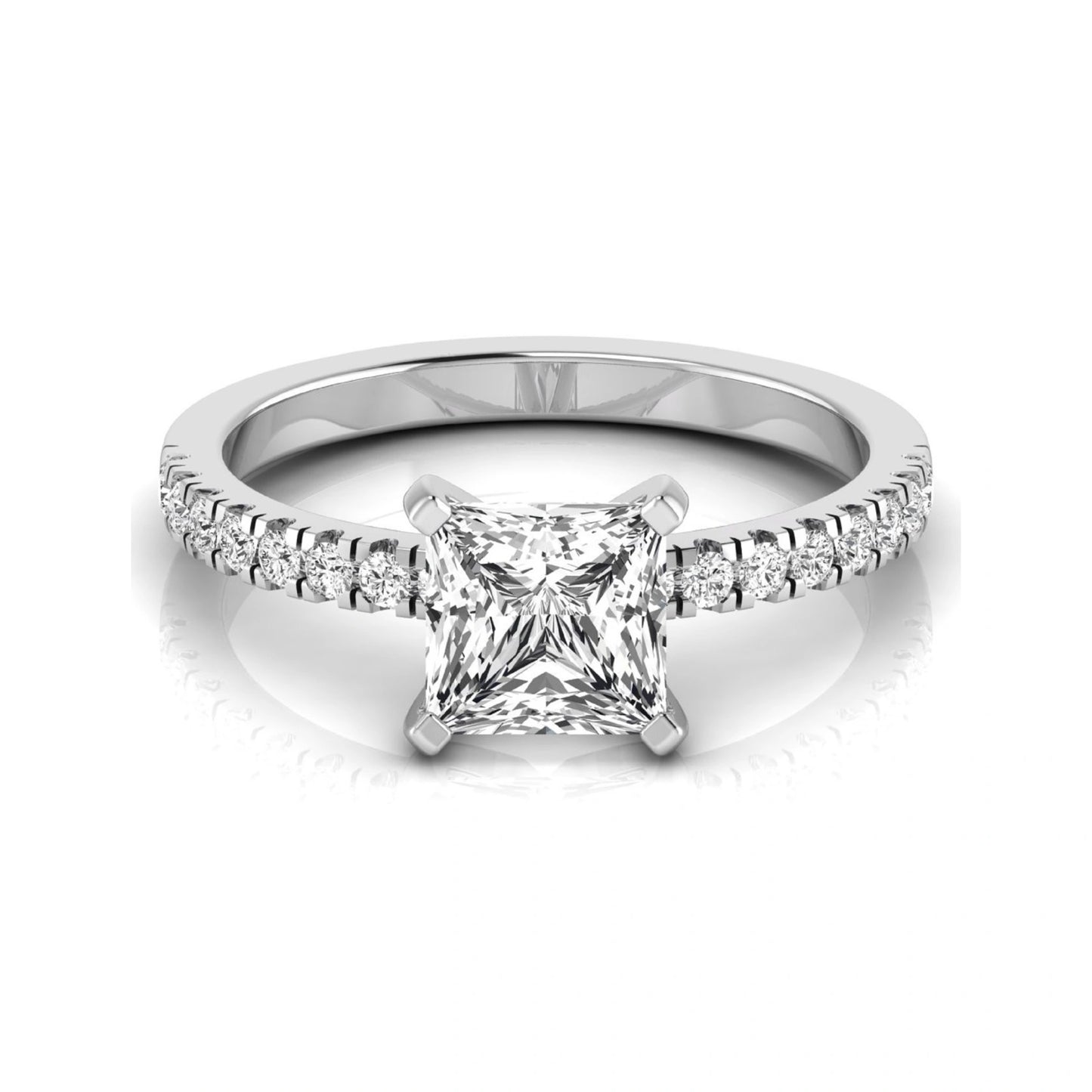 Princess cut lab grown diamond side stone accent engagement ring featuring a 2.40 carat IGI certified center diamond with round brilliant accent diamonds in white gold.