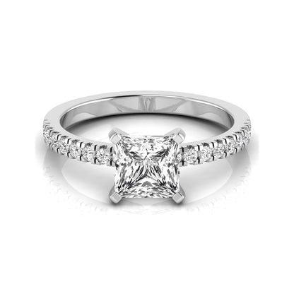 Princess cut lab grown diamond side stone accent engagement ring featuring a 2.40 carat IGI certified center diamond with round brilliant accent diamonds in white gold.