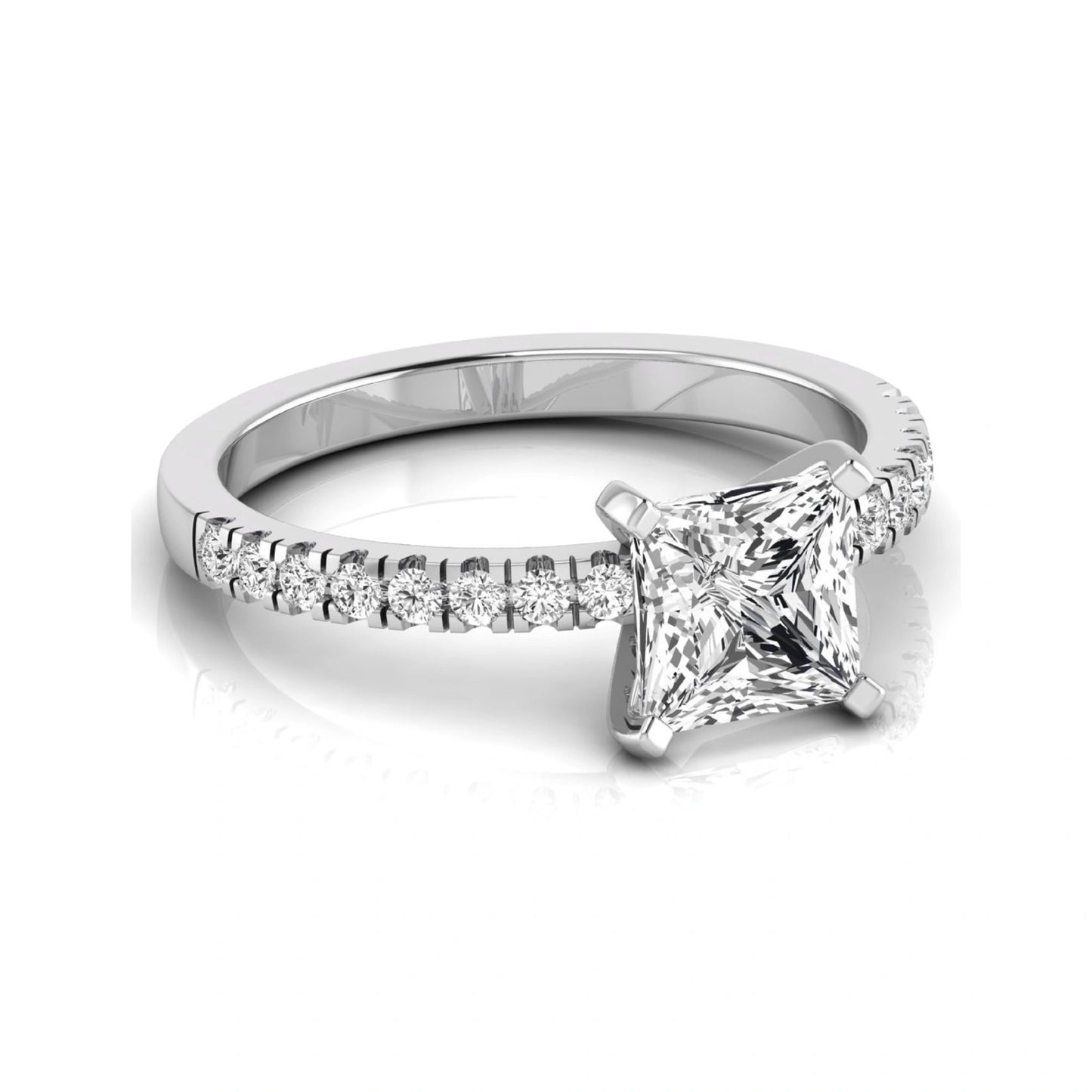 Princess cut lab grown diamond side stone accent engagement ring featuring a 2.40 carat IGI certified center diamond with round brilliant accent diamonds in white gold.