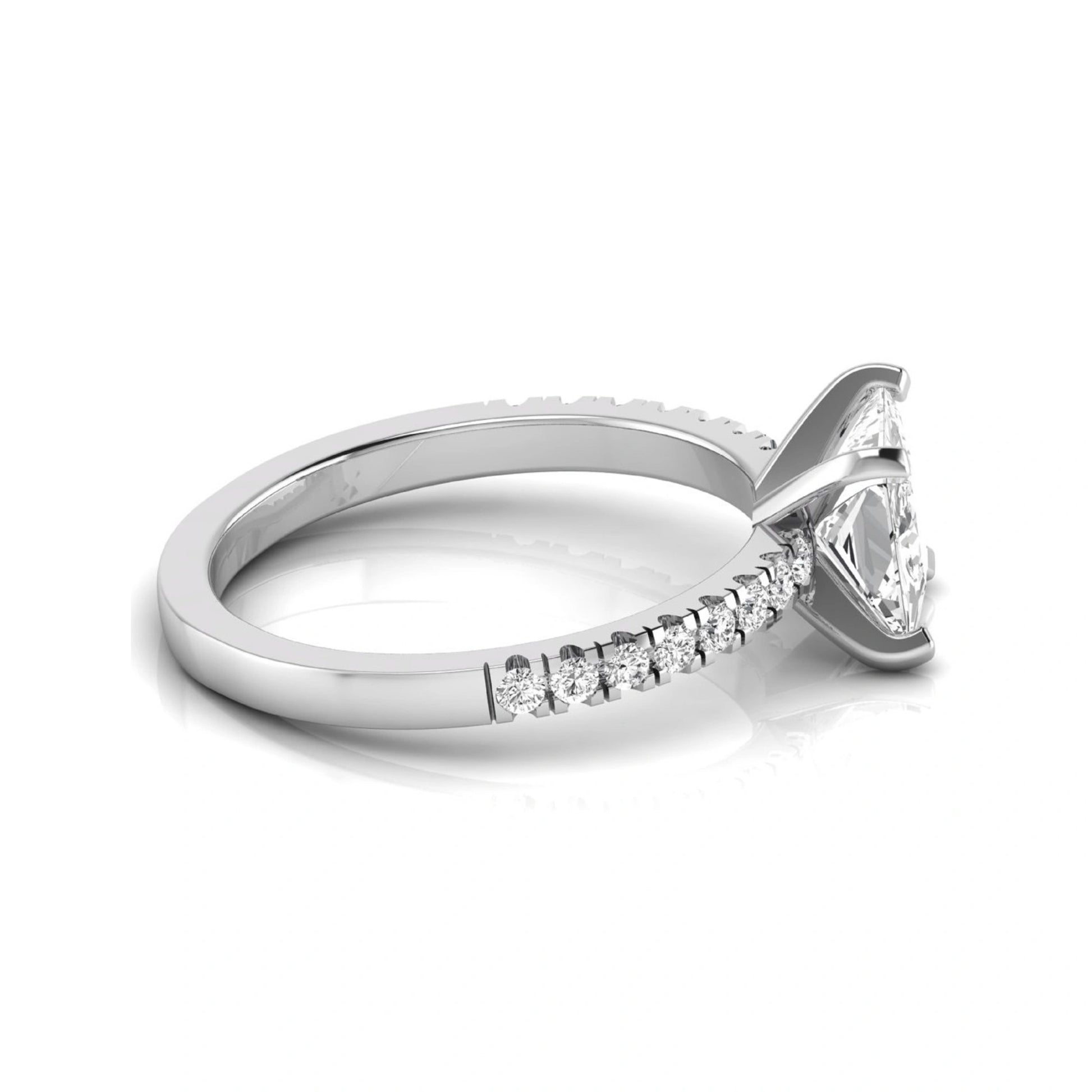 Princess cut lab grown diamond side stone accent engagement ring featuring a 2.40 carat IGI certified center diamond with round brilliant accent diamonds in white gold.