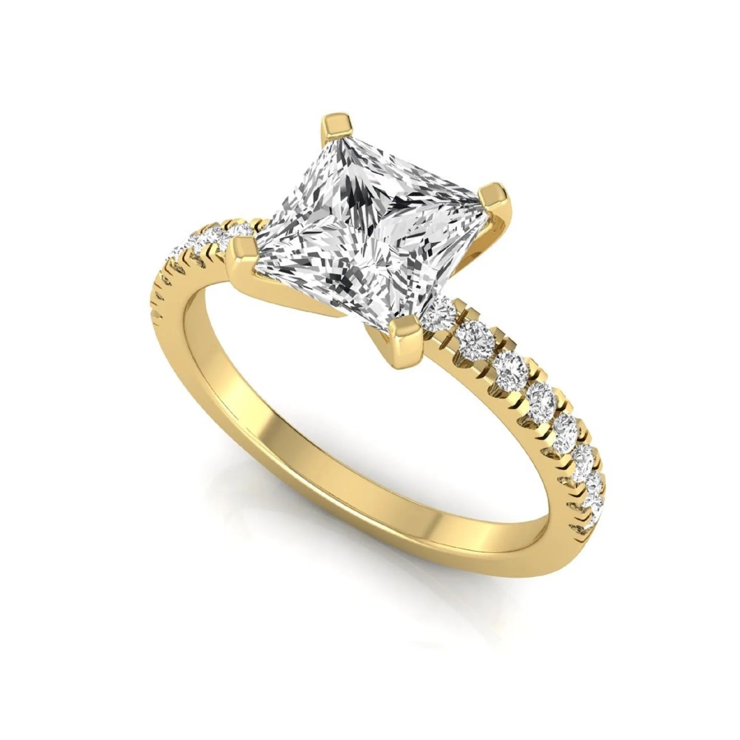 Princess cut lab grown diamond side stone accent engagement ring featuring a 2.40 carat IGI certified center diamond with round brilliant accent diamonds in yellow gold.