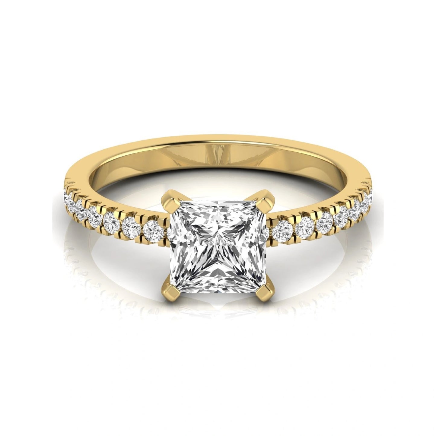 Princess cut lab grown diamond side stone accent engagement ring featuring a 2.40 carat IGI certified center diamond with round brilliant accent diamonds in yellow gold.