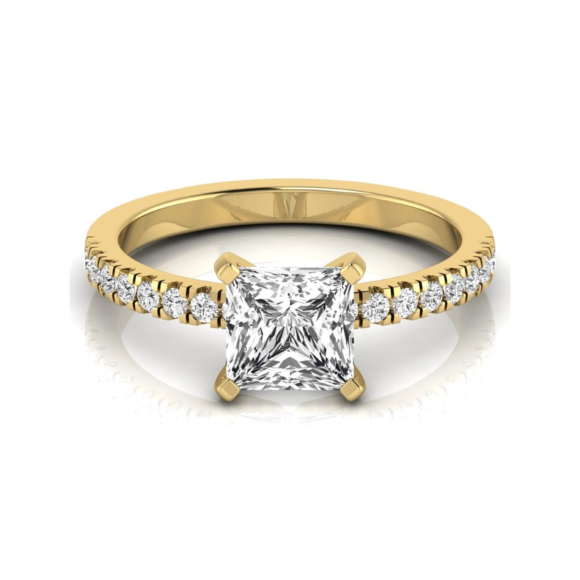 Princess cut lab grown diamond side stone accent engagement ring featuring a 2.40 carat IGI certified center diamond with round brilliant accent diamonds in yellow gold.