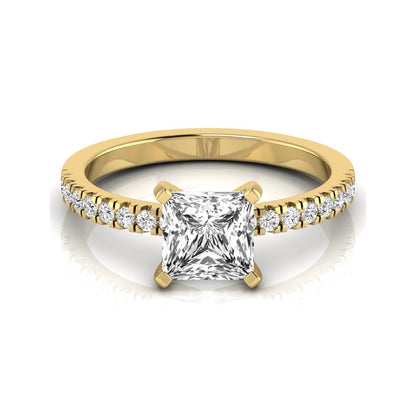 Princess cut lab grown diamond side stone accent engagement ring featuring a 2.40 carat IGI certified center diamond with round brilliant accent diamonds in yellow gold.