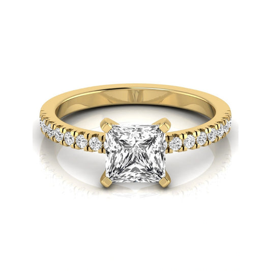 Princess cut lab grown diamond side stone accent engagement ring featuring a 2.40 carat IGI certified center diamond with round brilliant accent diamonds in yellow gold.