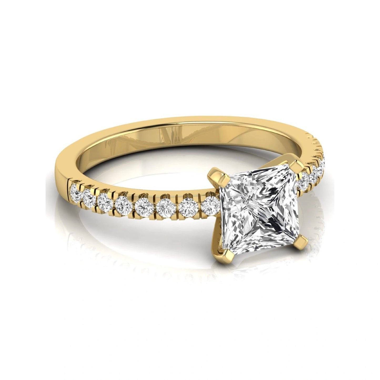 Princess cut lab grown diamond side stone accent engagement ring featuring a 2.40 carat IGI certified center diamond with round brilliant accent diamonds in yellow gold.