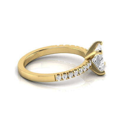 Princess cut lab grown diamond side stone accent engagement ring featuring a 2.40 carat IGI certified center diamond with round brilliant accent diamonds in yellow gold.