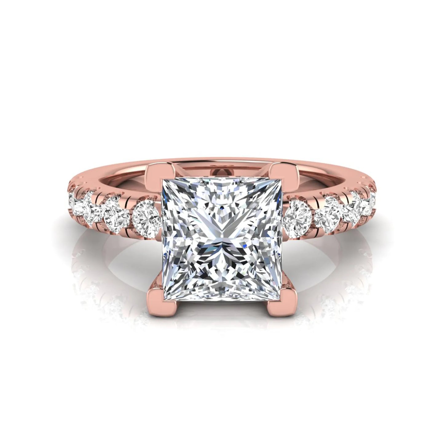 Princess cut lab grown diamond engagement ring featuring a 1.96 carat IGI certified center diamond with round side stone accents in rose gold.