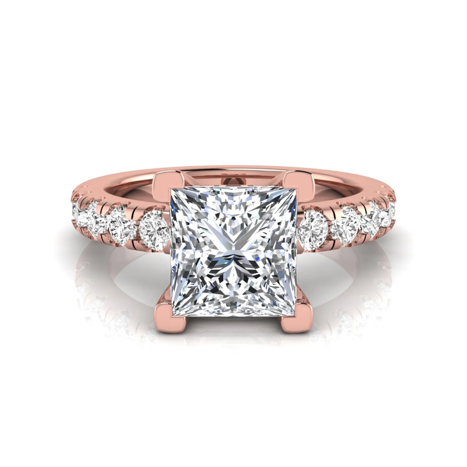 Princess cut lab grown diamond engagement ring featuring a 1.96 carat IGI certified center diamond with round side stone accents in rose gold.