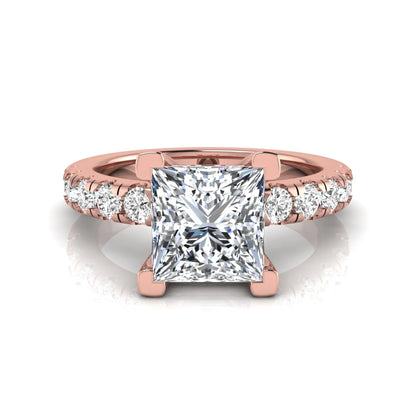 Princess cut lab grown diamond engagement ring featuring a 1.96 carat IGI certified center diamond with round side stone accents in rose gold.