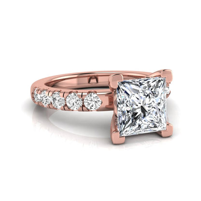 Princess cut lab grown diamond engagement ring featuring a 1.96 carat IGI certified center diamond with round side stone accents in rose gold.