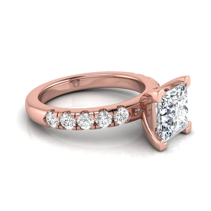 Princess cut lab grown diamond engagement ring featuring a 1.96 carat IGI certified center diamond with round side stone accents in rose gold.