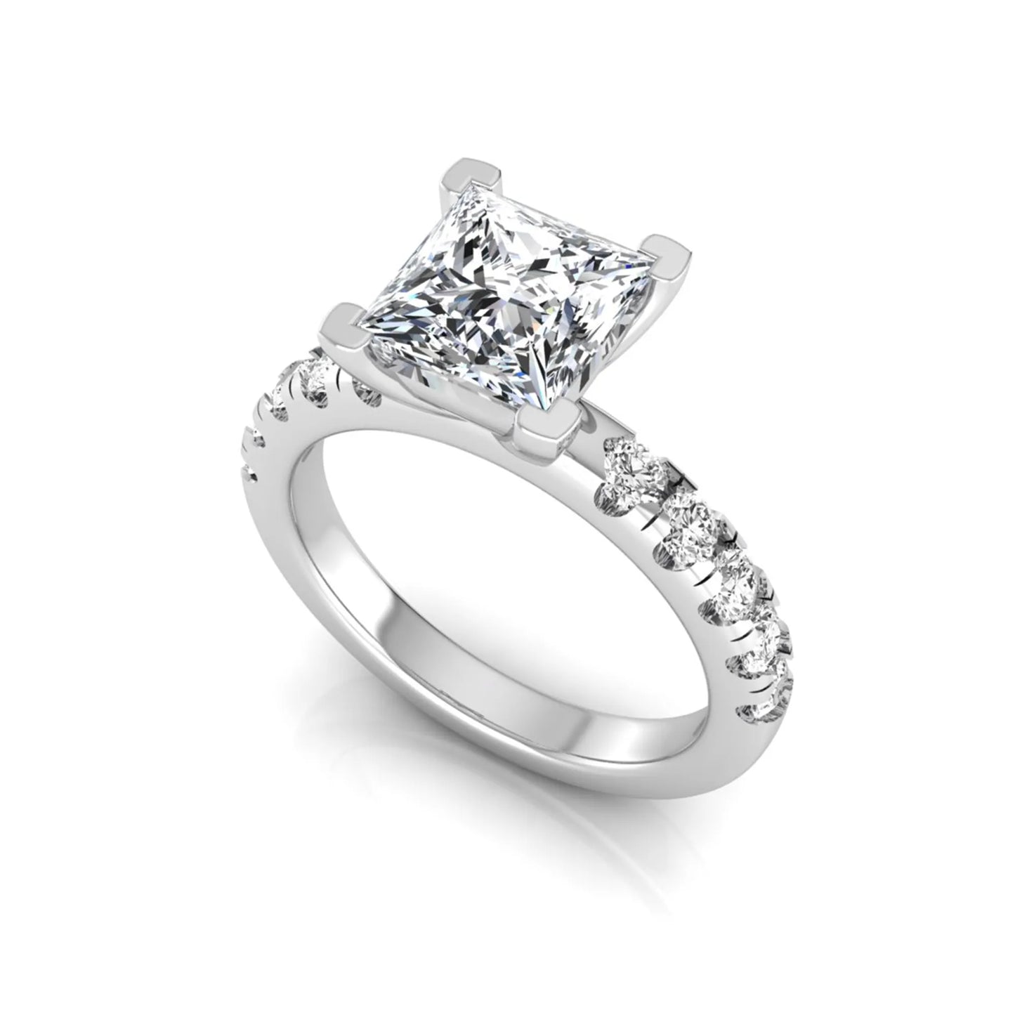 Princess cut lab grown diamond engagement ring featuring a 1.96 carat IGI certified center diamond with round side stone accents in white gold.