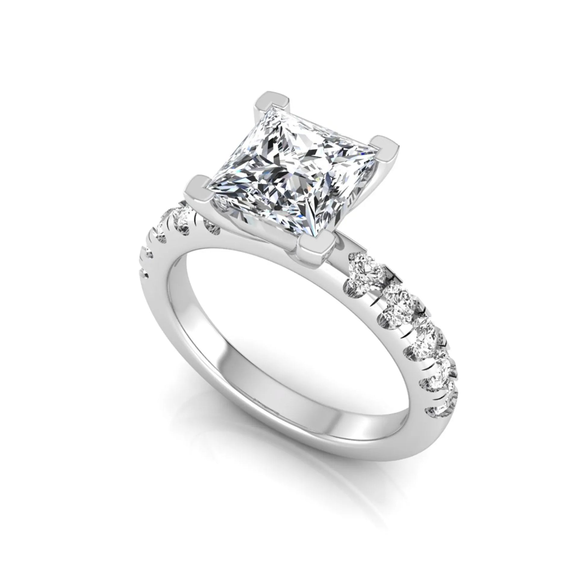 Princess cut lab grown diamond engagement ring featuring a 1.96 carat IGI certified center diamond with round side stone accents in white gold.