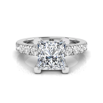 Princess cut lab grown diamond engagement ring featuring a 1.96 carat IGI certified center diamond with round side stone accents in white gold.