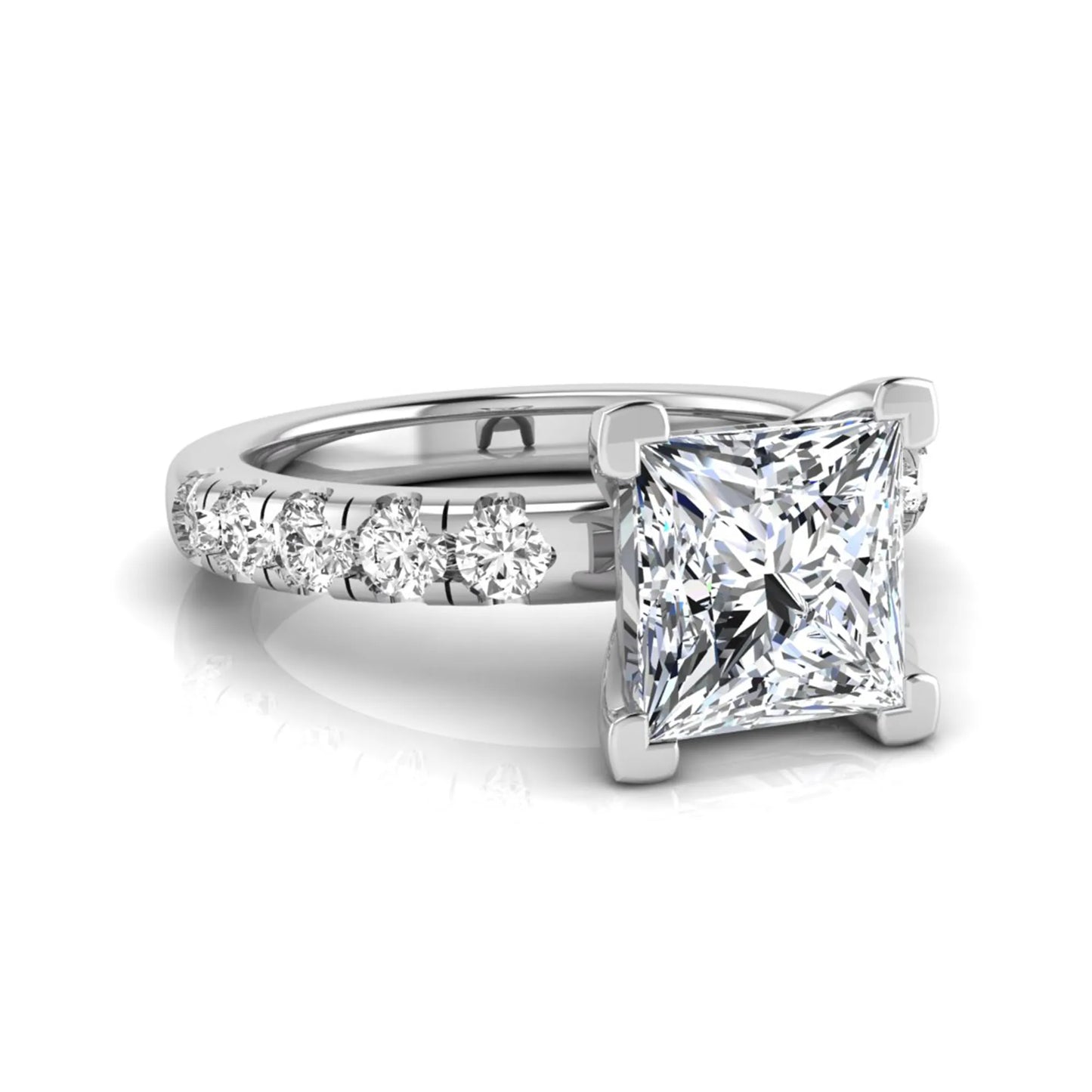 Princess cut lab grown diamond engagement ring featuring a 1.96 carat IGI certified center diamond with round side stone accents in white gold.