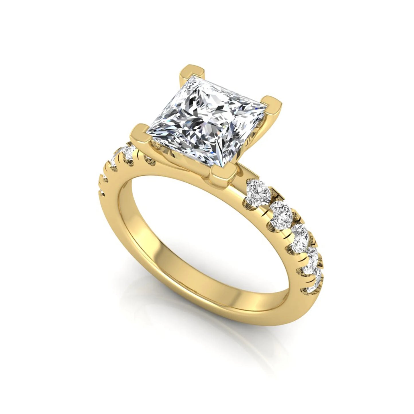 Princess cut lab grown diamond engagement ring featuring a 1.96 carat IGI certified center diamond with round side stone accents in yellow gold.
