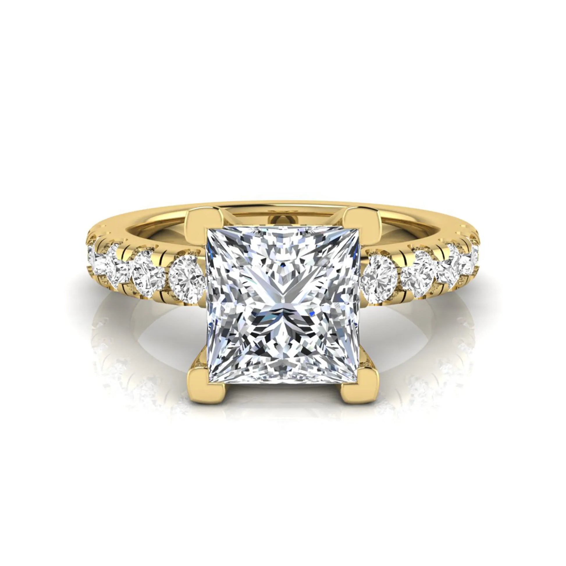 Princess cut lab grown diamond engagement ring featuring a 1.96 carat IGI certified center diamond with round side stone accents in yellow gold.