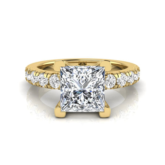 Princess cut lab grown diamond engagement ring featuring a 1.96 carat IGI certified center diamond with round side stone accents in yellow gold.
