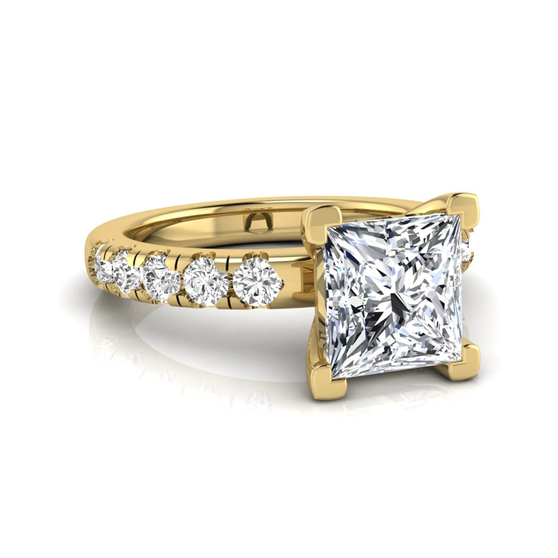 Princess cut lab grown diamond engagement ring featuring a 1.96 carat IGI certified center diamond with round side stone accents in yellow gold.