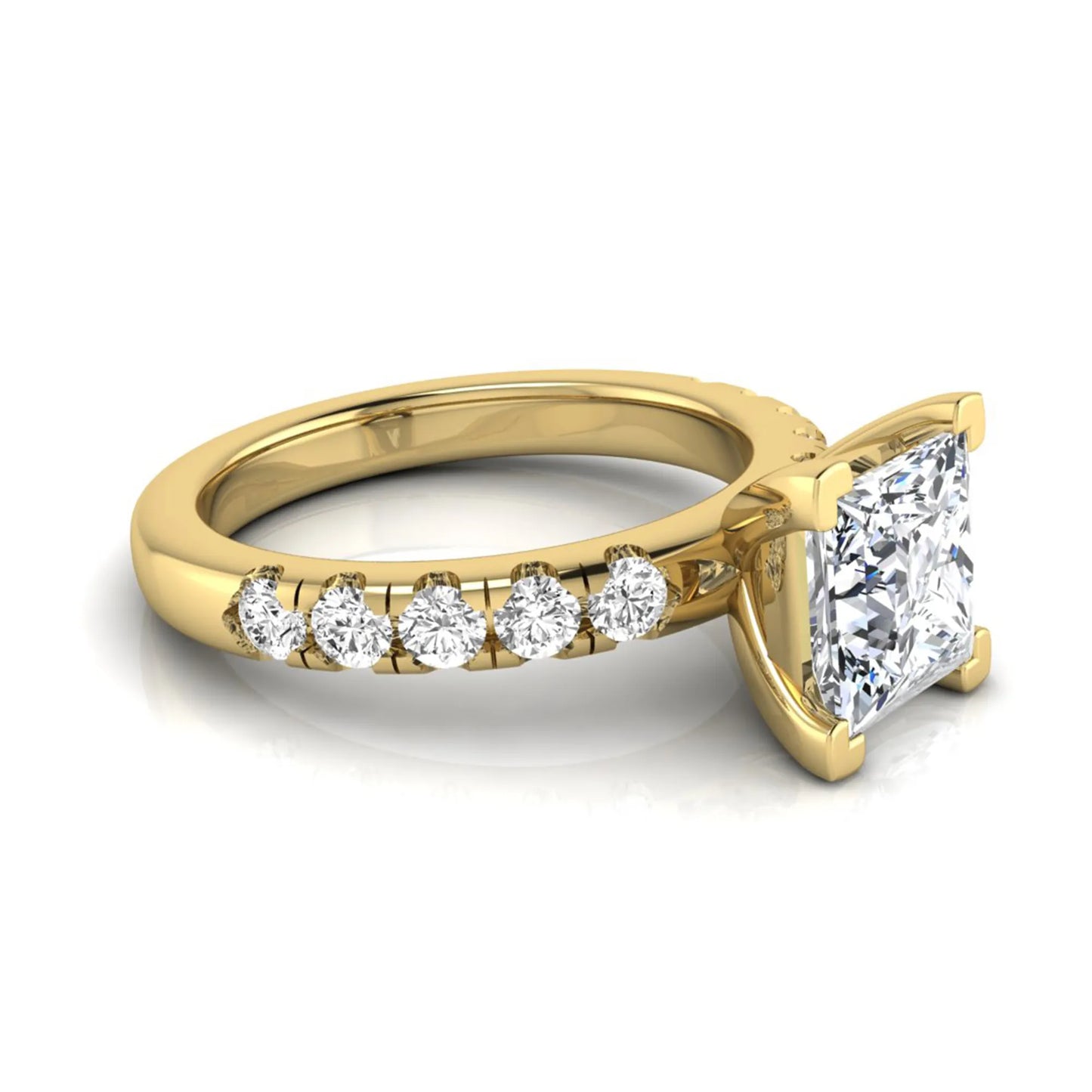 Princess cut lab grown diamond engagement ring featuring a 1.96 carat IGI certified center diamond with round side stone accents in yellow gold.