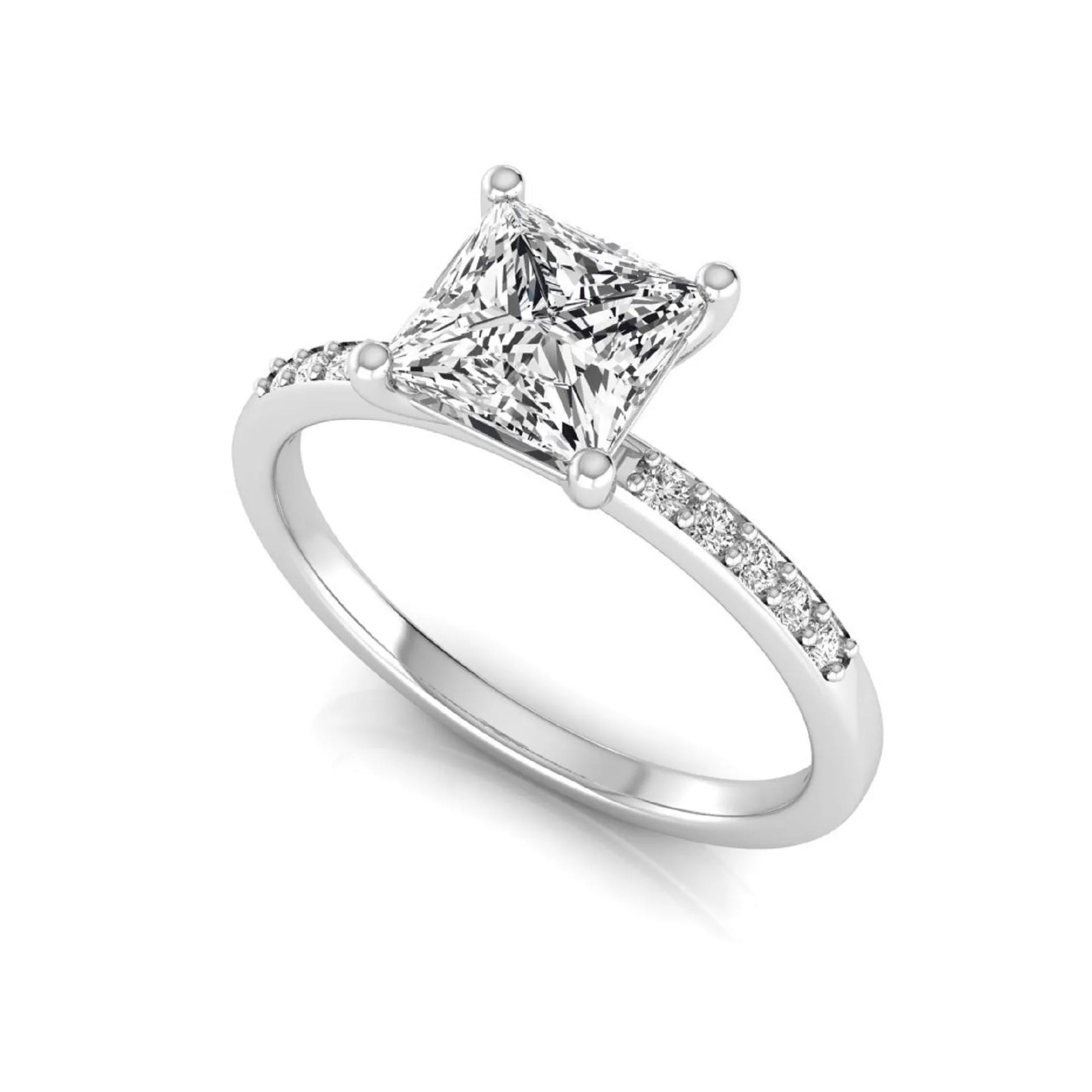Princess cut lab grown diamond side stone engagement ring featuring a 1.24 carat IGI certified princess cut diamond with pavé round side diamonds in a white gold setting.