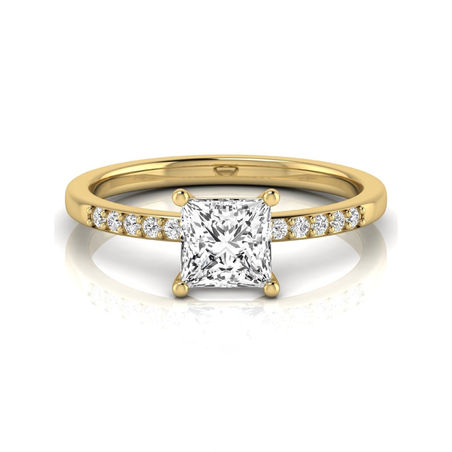Princess cut lab grown diamond side stone engagement ring featuring a 1.24 carat IGI certified princess cut diamond with pavé round side diamonds in a yellow gold setting.
