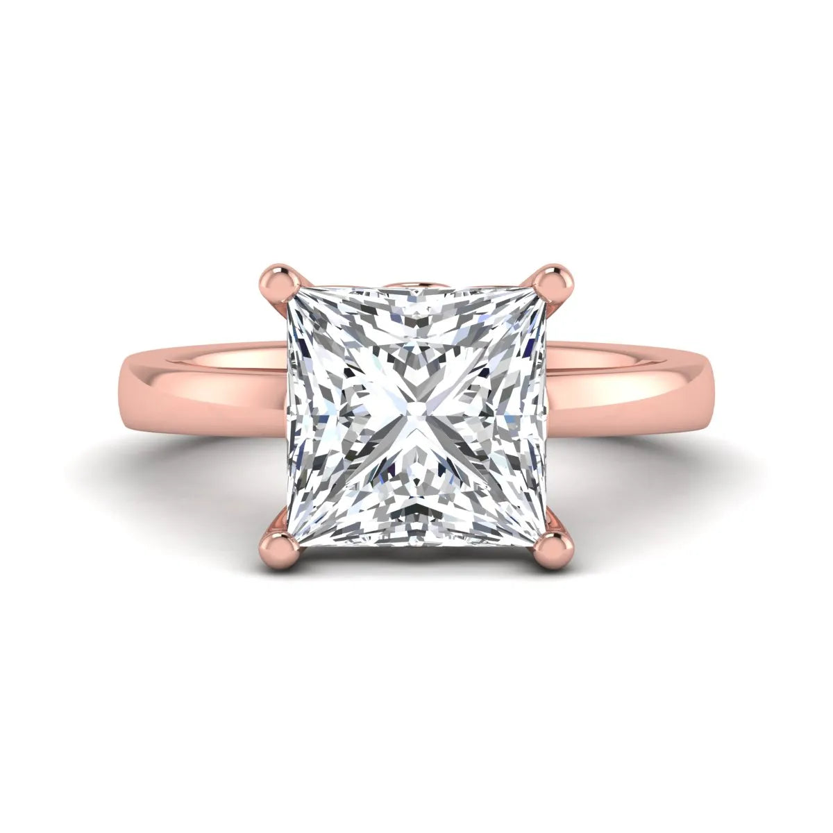 Princess cut lab grown diamond solitaire engagement ring featuring a 3.01 carat IGI certified center diamond in rose gold.