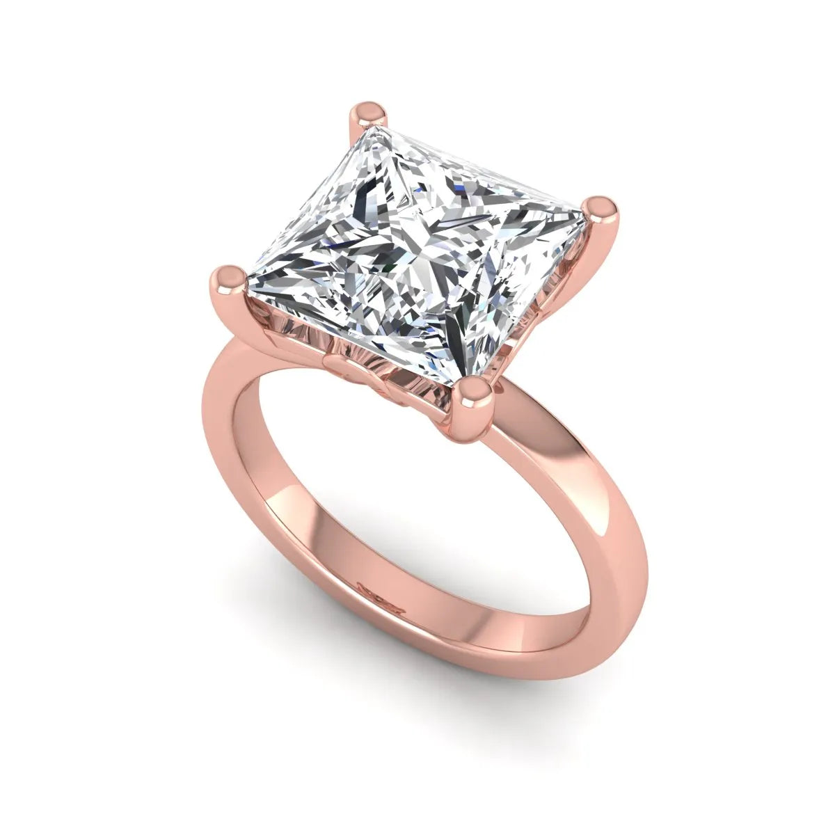 Princess cut lab grown diamond solitaire engagement ring featuring a 3.01 carat IGI certified center diamond in rose gold.