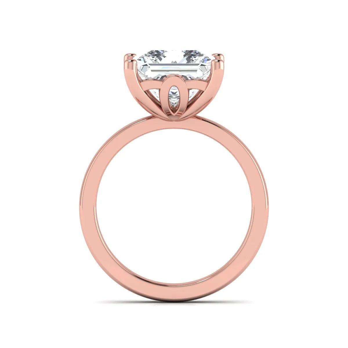 Princess cut lab grown diamond solitaire engagement ring featuring a 3.01 carat IGI certified center diamond in rose gold.