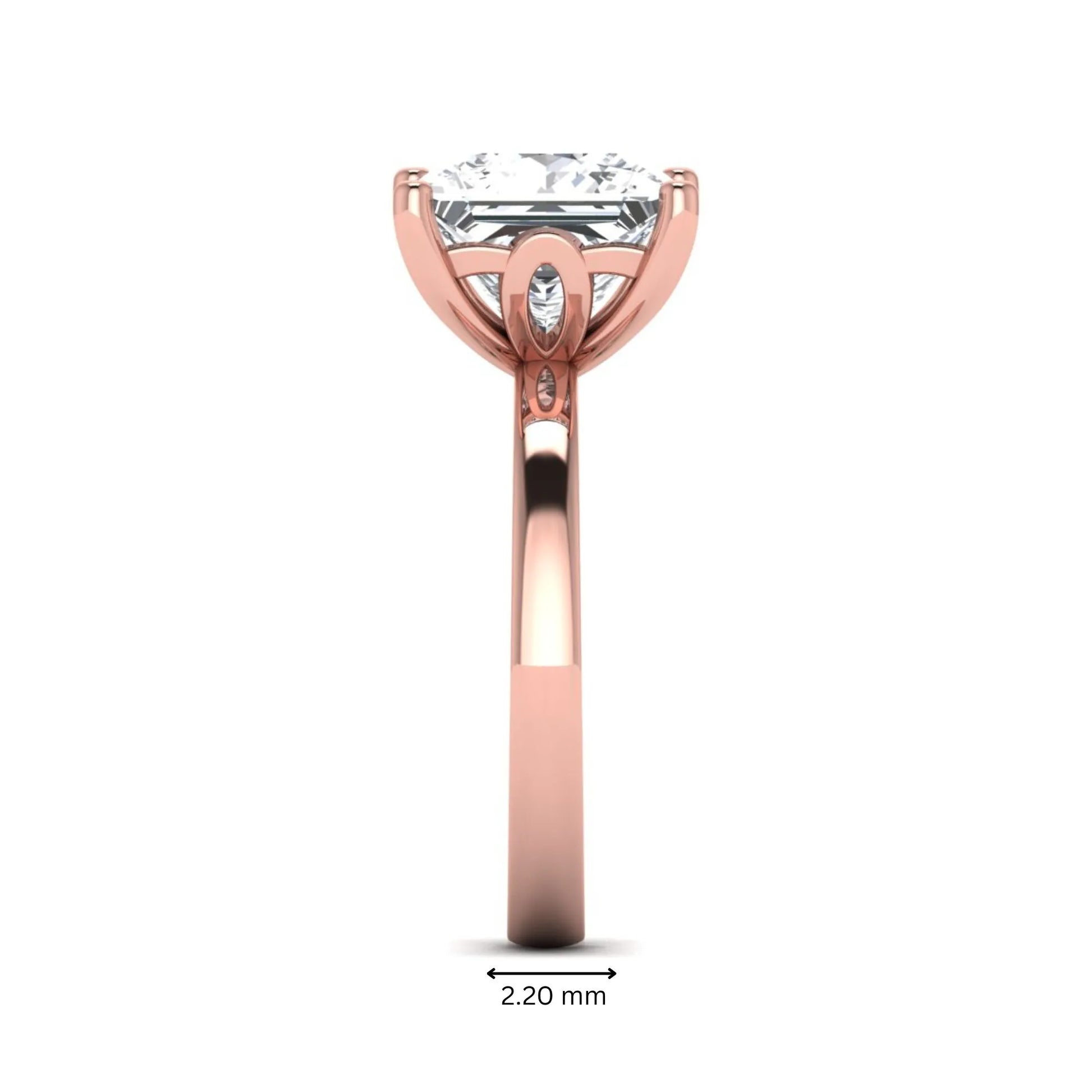 Princess cut lab grown diamond solitaire engagement ring featuring a 3.01 carat IGI certified center diamond in rose gold.