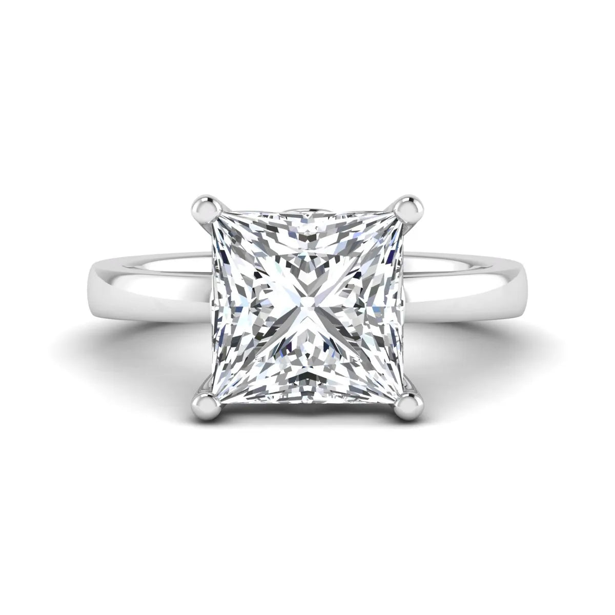 Princess cut lab grown diamond solitaire engagement ring featuring a 3.01 carat IGI certified center diamond in white gold.