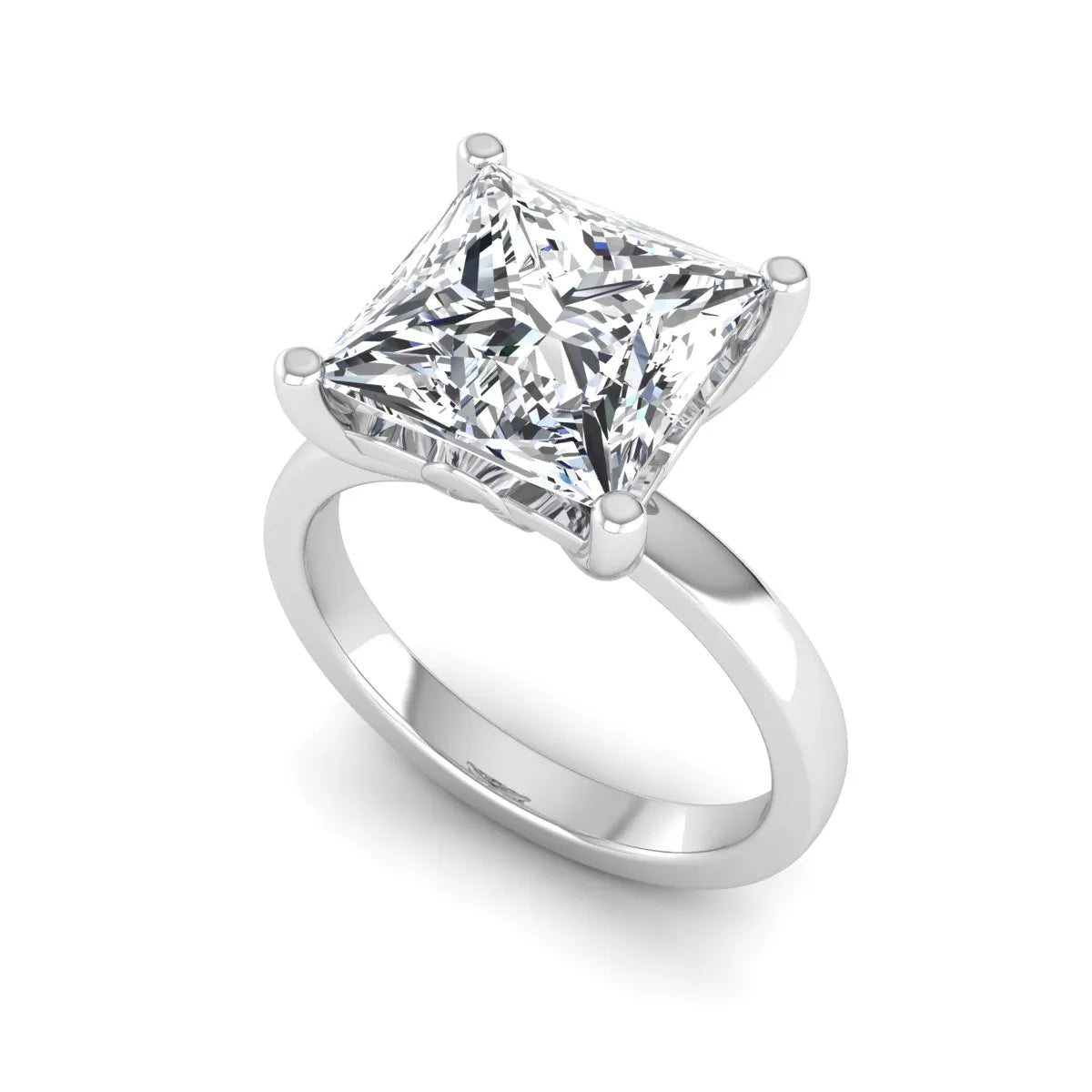 Princess cut lab grown diamond solitaire engagement ring featuring a 3.01 carat IGI certified center diamond in white gold.
