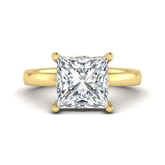 Princess cut lab grown diamond solitaire engagement ring featuring a 3.01 carat IGI certified center diamond in yellow gold.