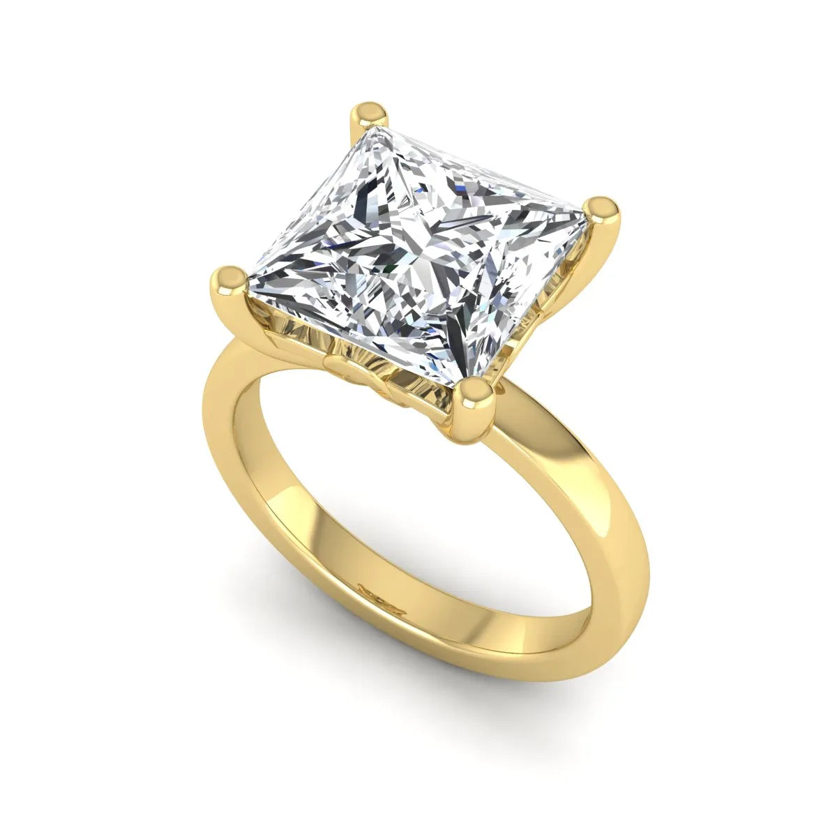 Princess cut lab grown diamond solitaire engagement ring featuring a 3.01 carat IGI certified center diamond in yellow gold.