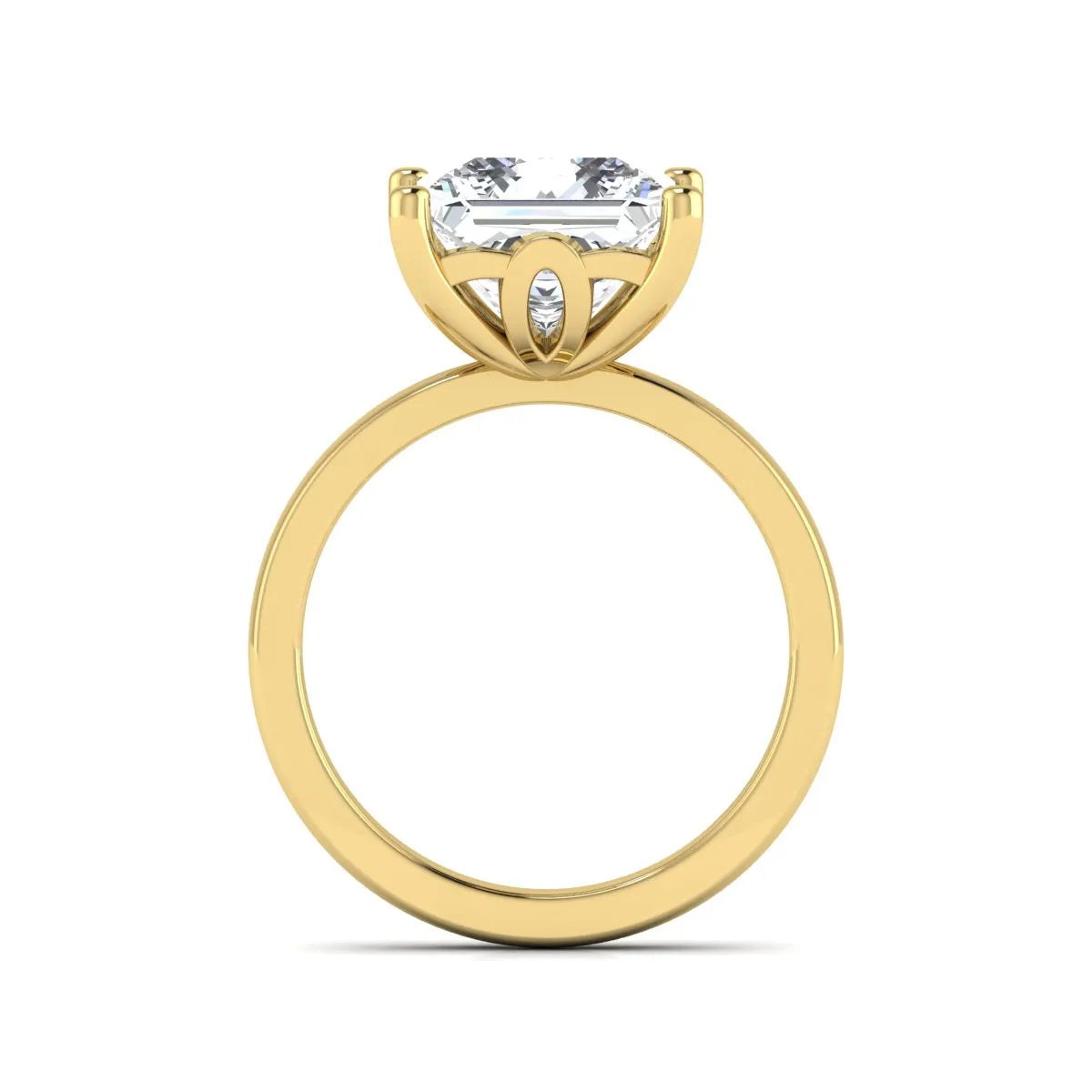 Princess cut lab grown diamond solitaire engagement ring featuring a 3.01 carat IGI certified center diamond in yellow gold.