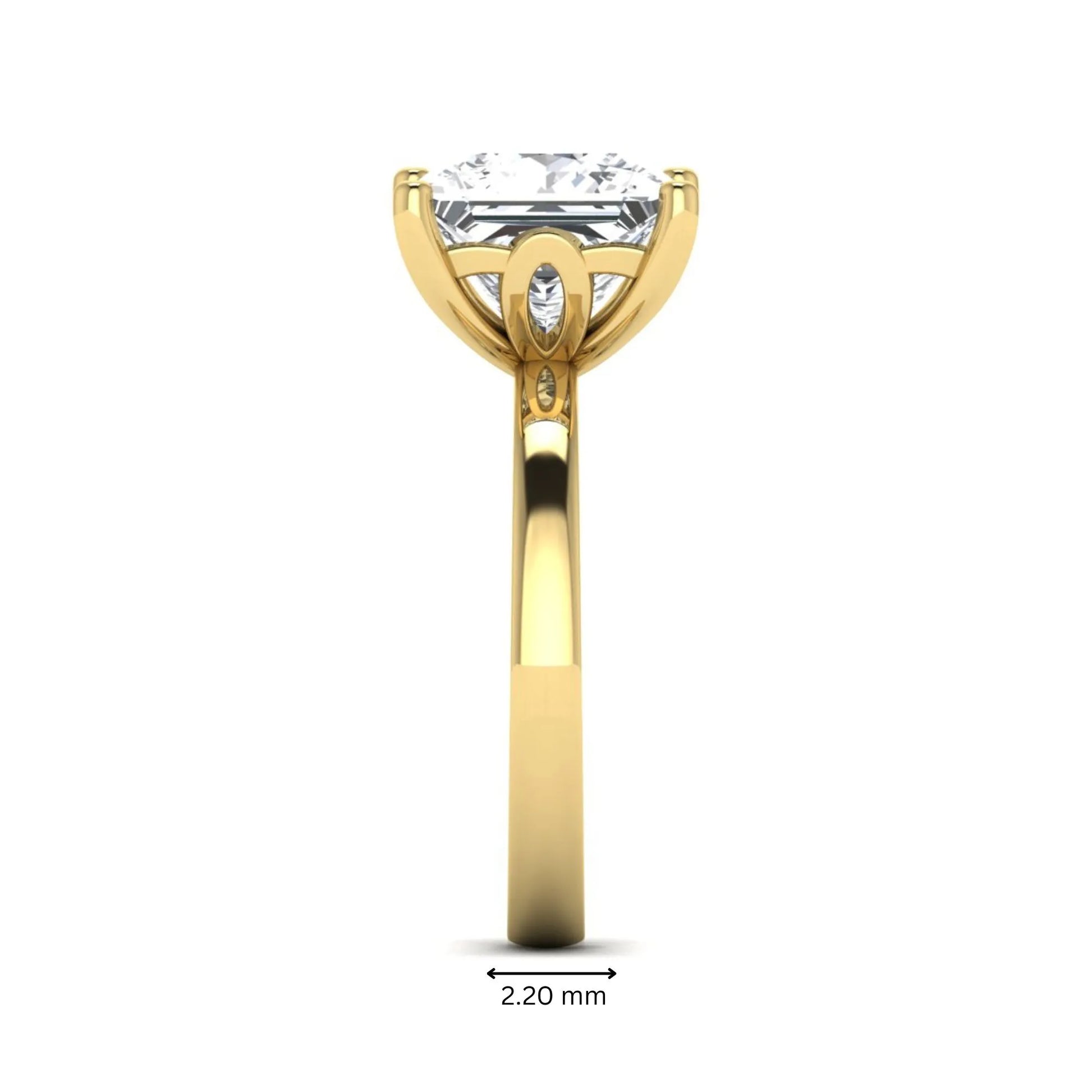 Princess cut lab grown diamond solitaire engagement ring featuring a 3.01 carat IGI certified center diamond in yellow gold.